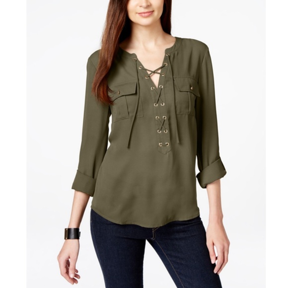 INC International Concepts Tops - INC Petite Roll-Tab-Sleeve Lace-Up Blouse, Olive